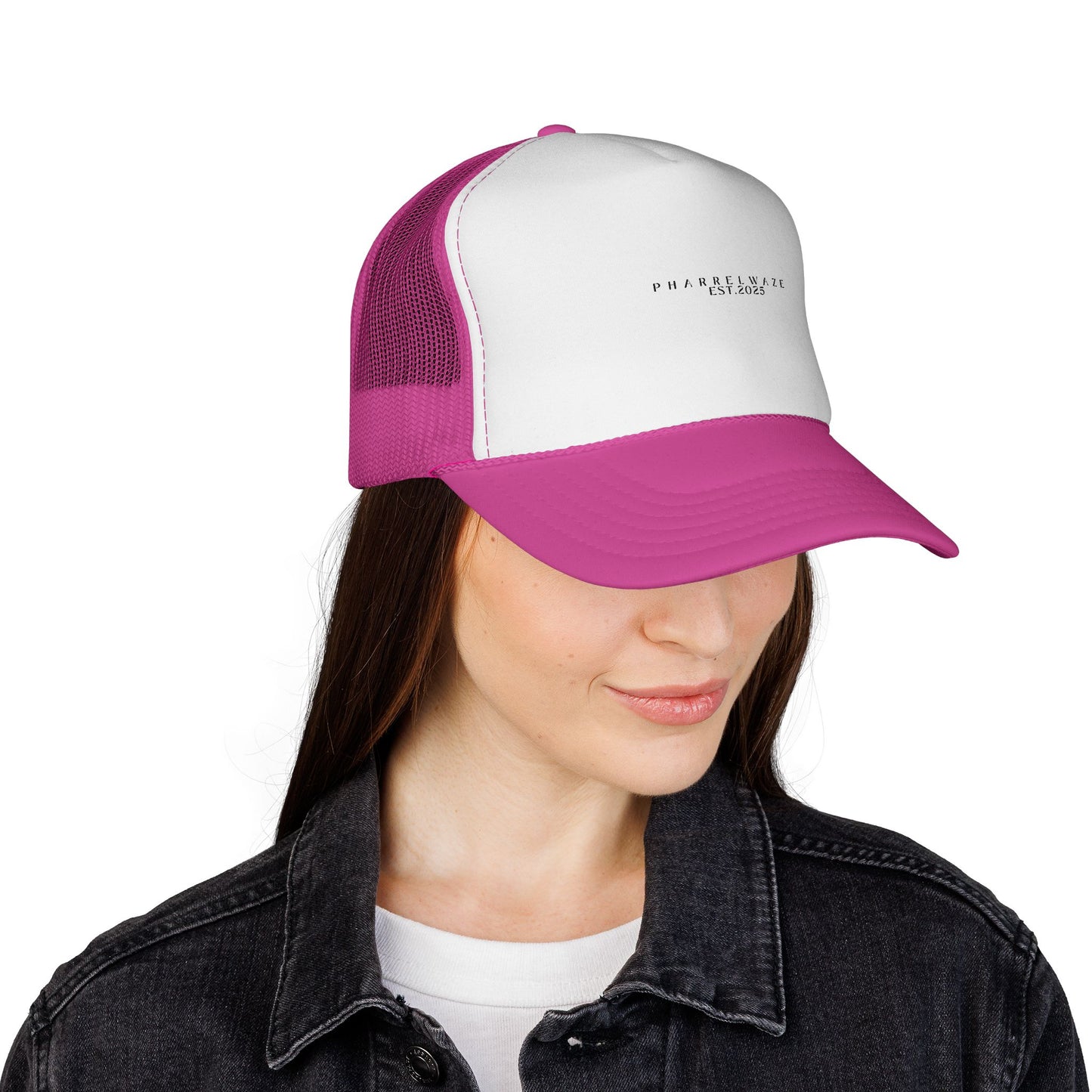 Minimal 'PHARREL WAZE EST. 2025' Trucker Cap – Black & White Mesh Hat