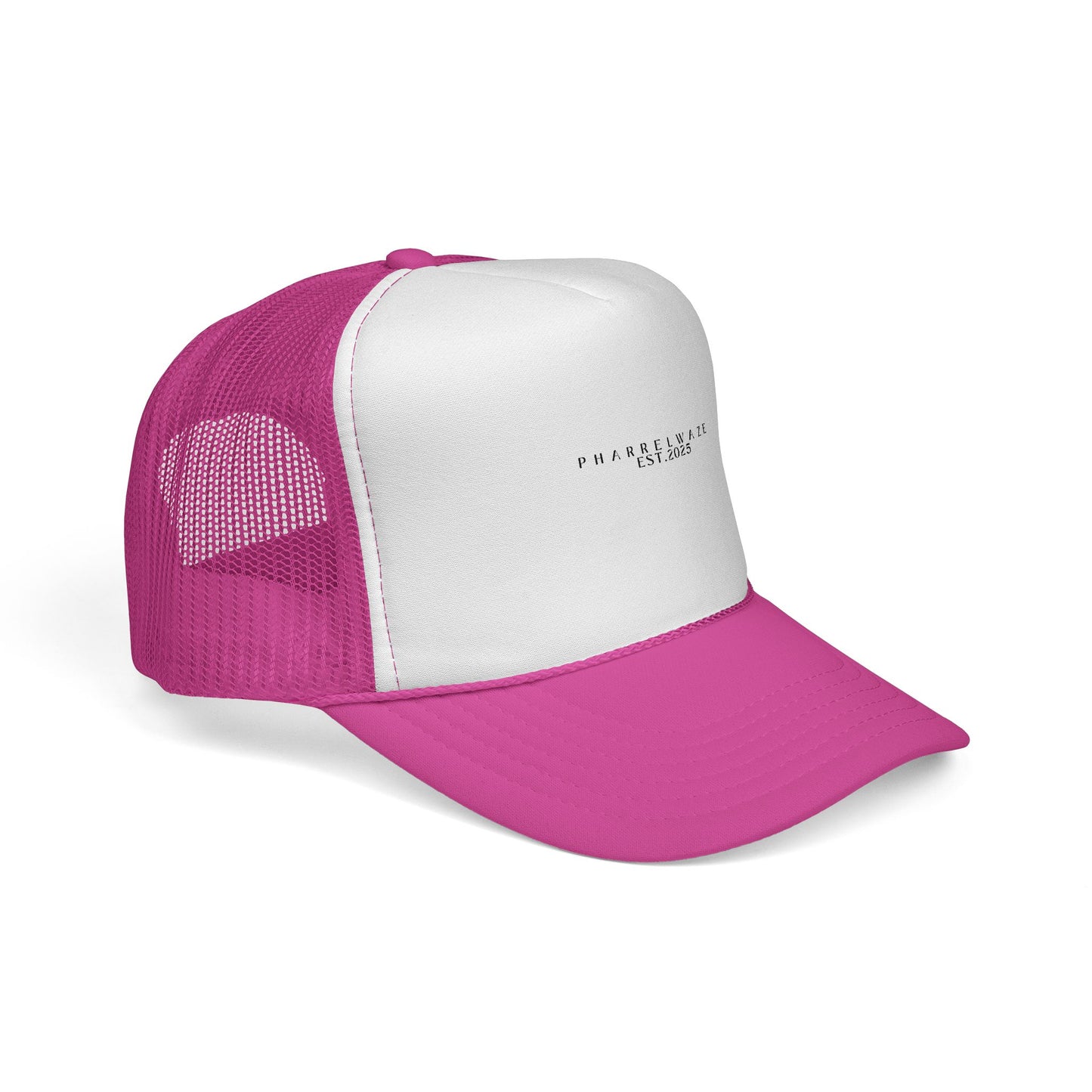 Minimal 'PHARREL WAZE EST. 2025' Trucker Cap – Black & White Mesh Hat