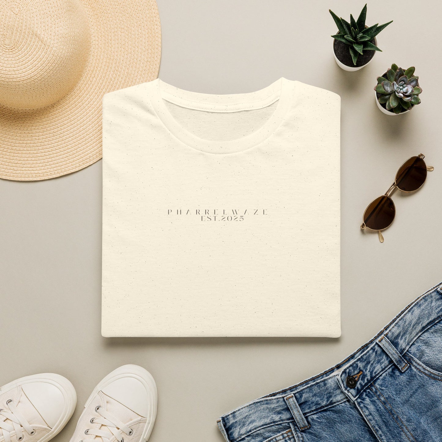Minimalist White T‑Shirt - Center Text "Pharrelwaze est. 2025"