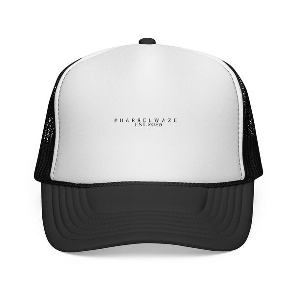 Minimal 'PHARREL WAZE EST. 2025' Trucker Cap – Black & White Mesh Hat