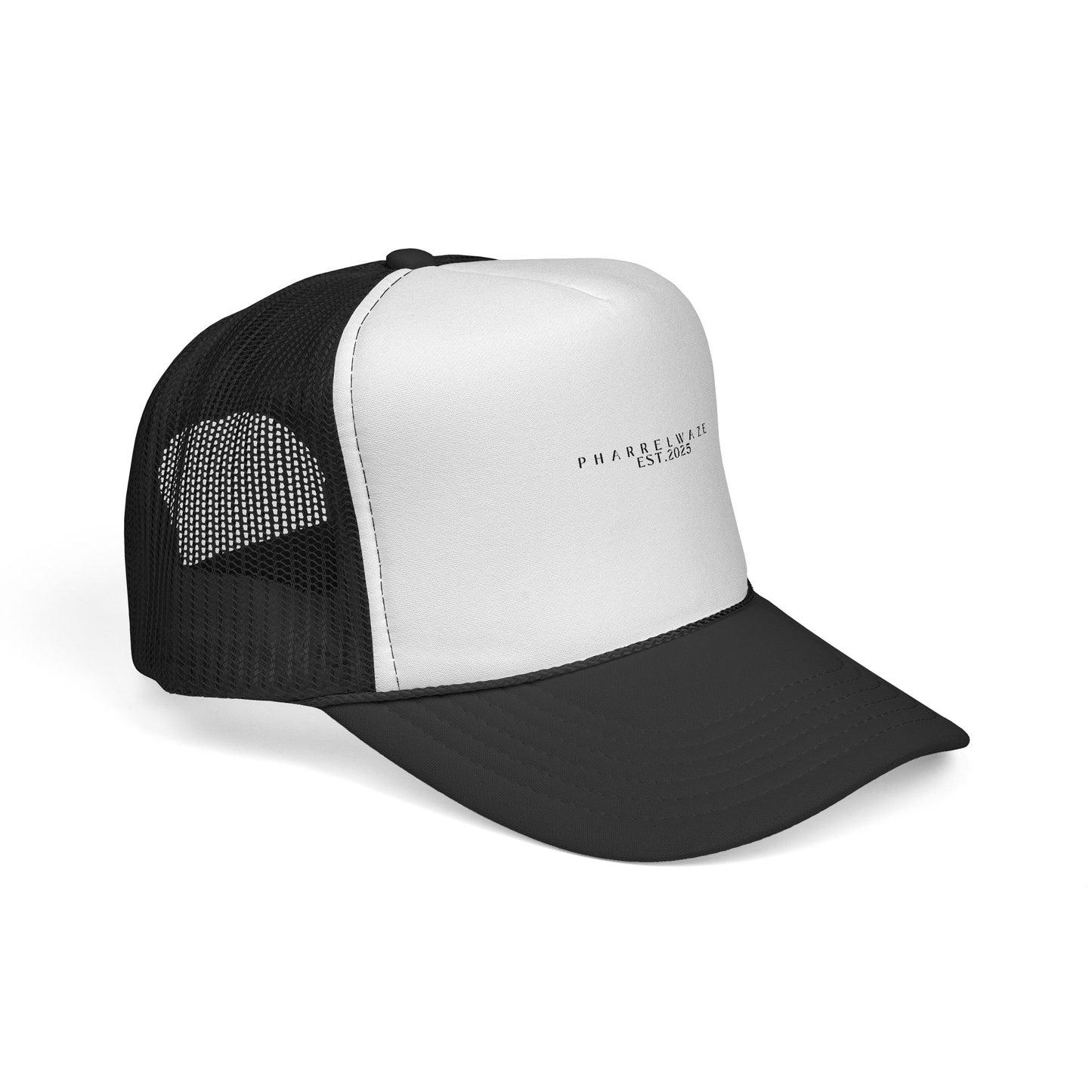 Minimal 'PHARREL WAZE EST. 2025' Trucker Cap – Black & White Mesh Hat