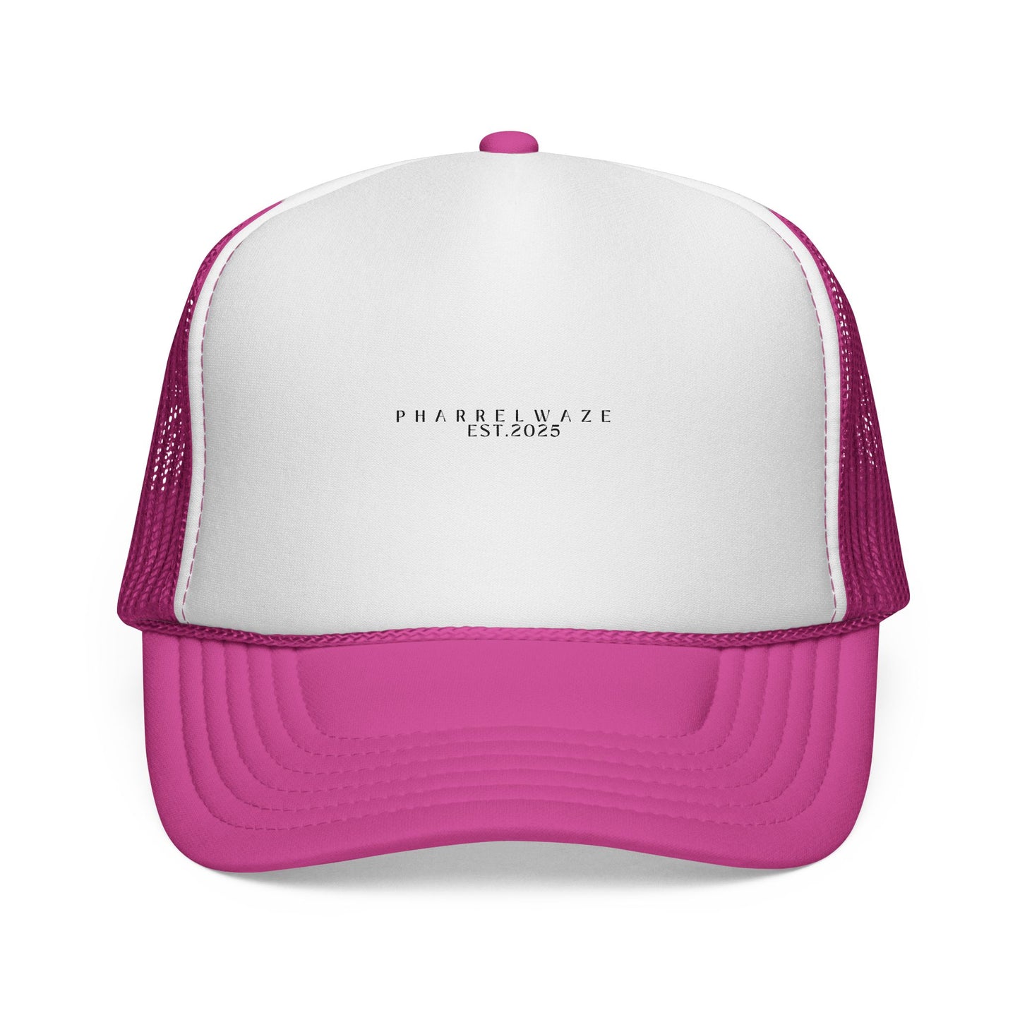 Minimal 'PHARREL WAZE EST. 2025' Trucker Cap – Black & White Mesh Hat