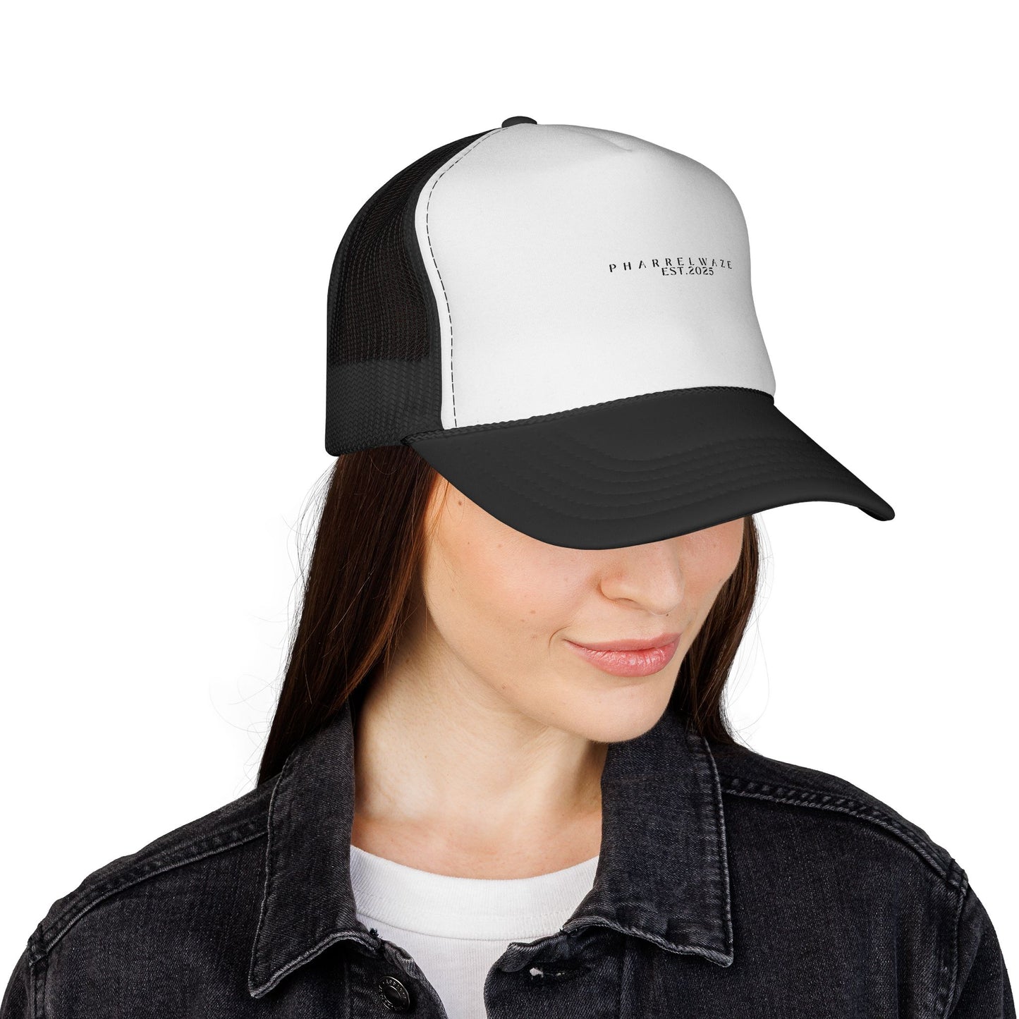 Minimal 'PHARREL WAZE EST. 2025' Trucker Cap – Black & White Mesh Hat